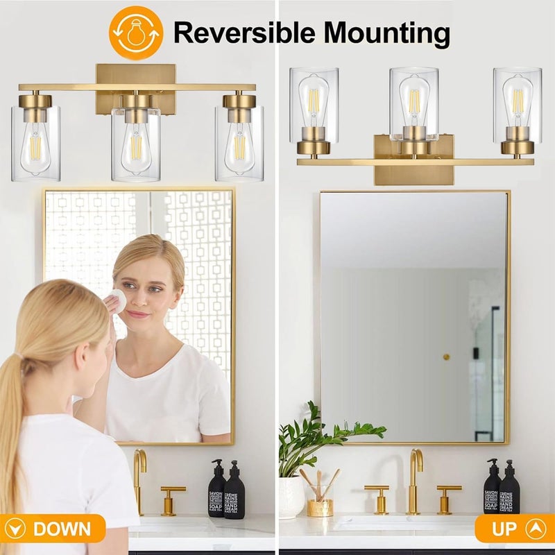 A1A9 3-Light Bathroom Vanity Light, Modern Brushed Gold Wall Lights with Clear Glass Shades, Bathroom Wall Sconce Lamp for Mirror Living Room Bedroom Hallway - Image 5